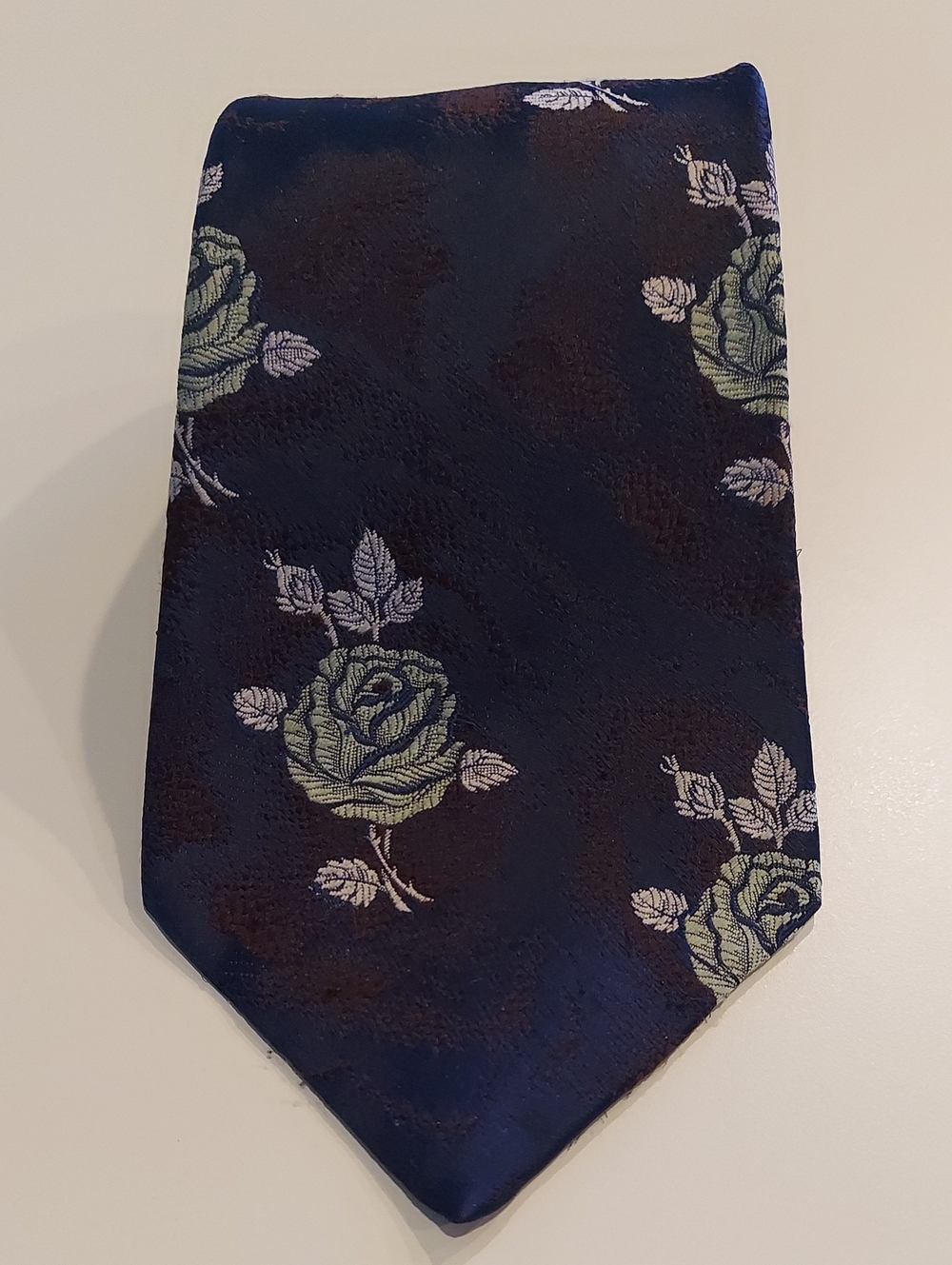 Vintage 1970s Navy Floral Jacquard Tie - Green & White Rose Deadstock